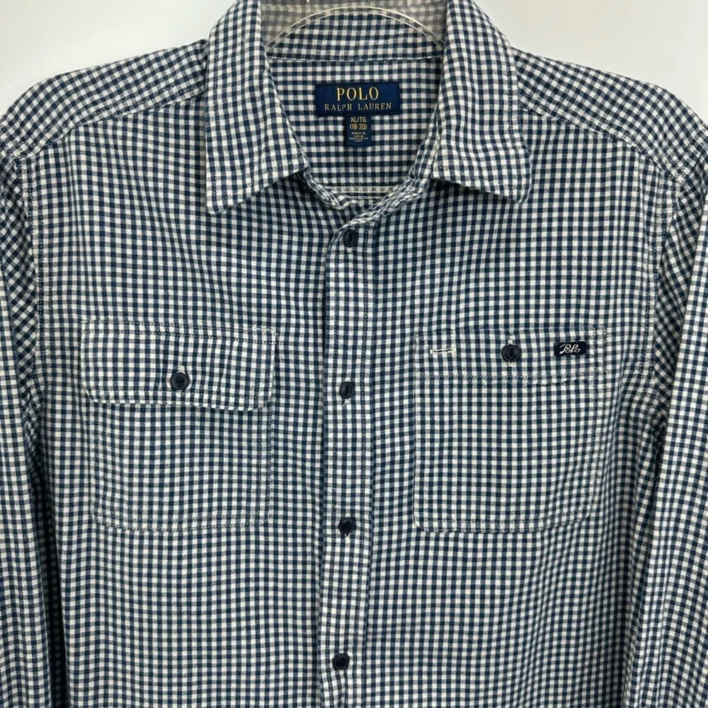 Polo Ralph Lauren Boys Button Down Shirt XL 18-20 Dark Blue White Check Cotton